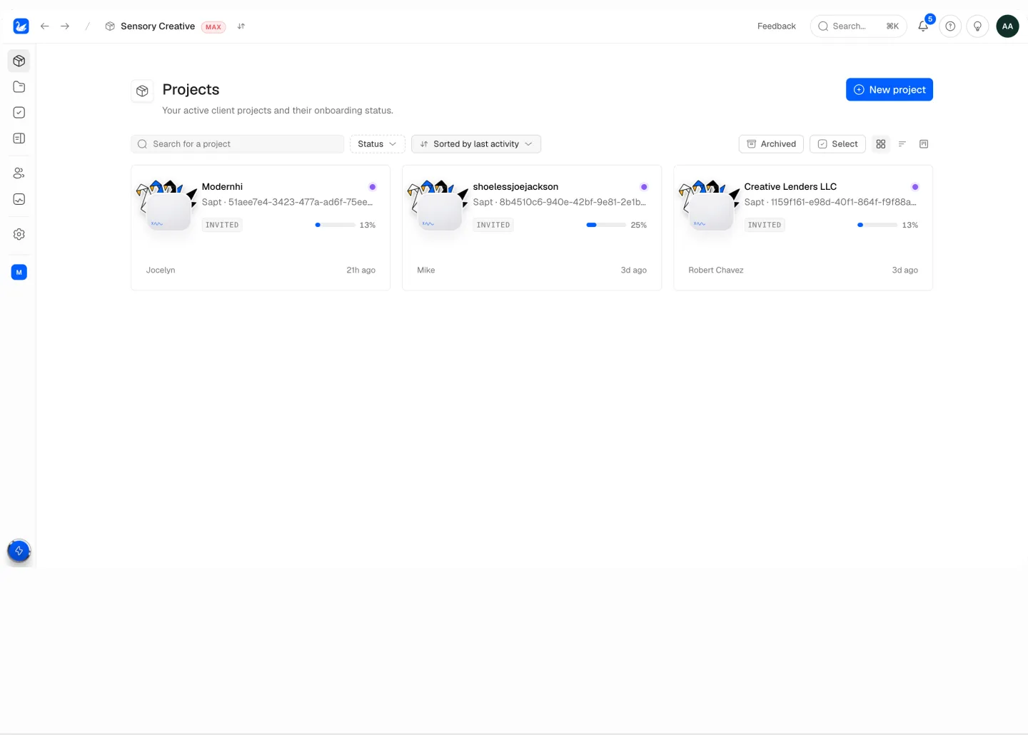 Sapt client-onboarding dashboard showing active projects and their status
