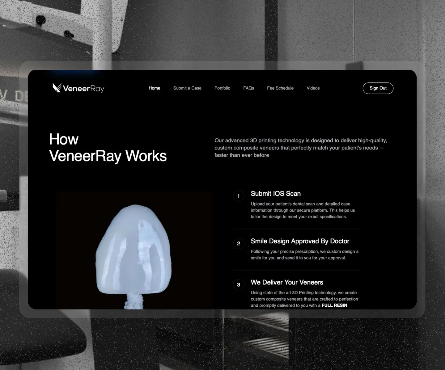 VeneerRay doctor portal explaining the three-step case submission flow