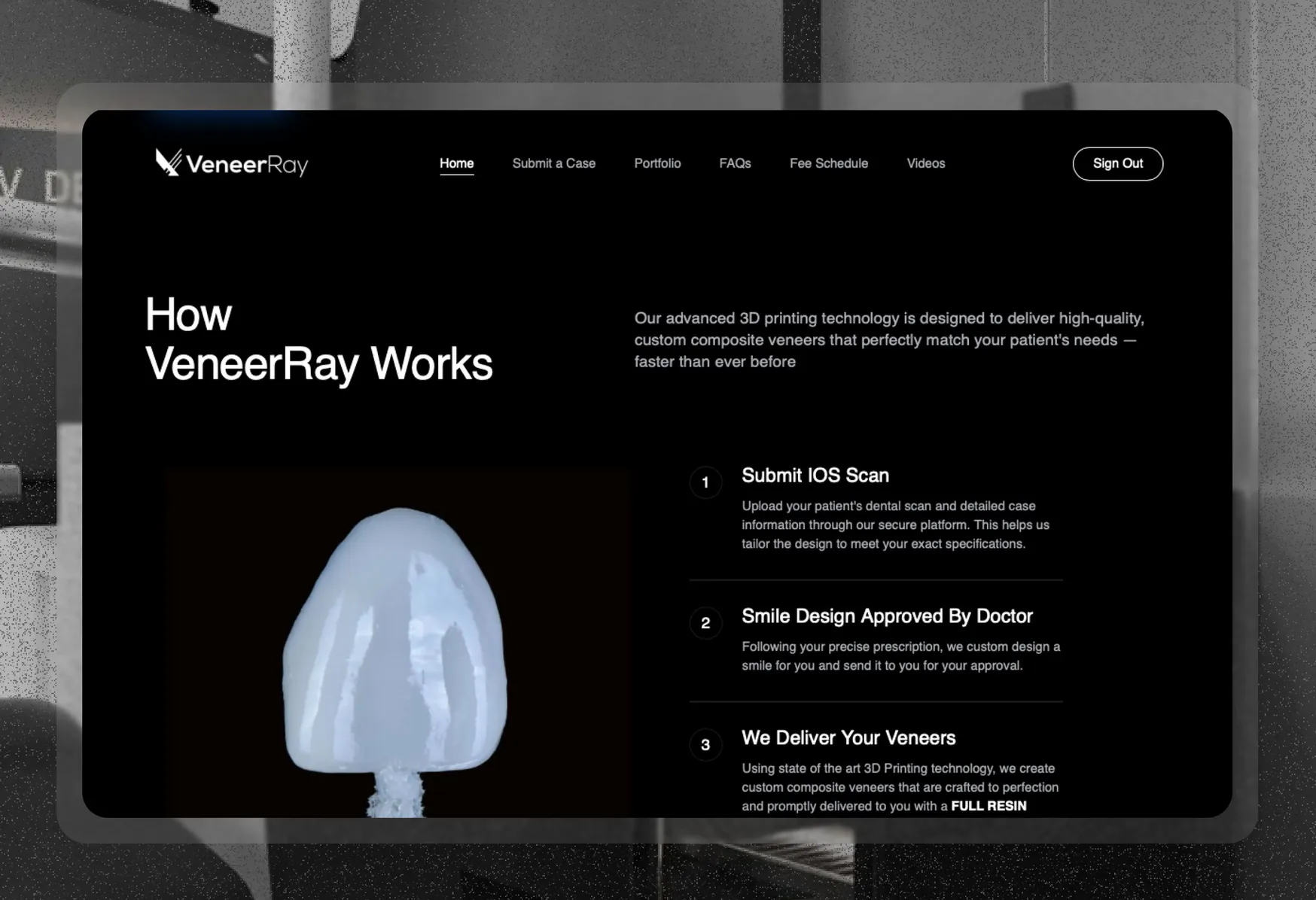 Website design case study preview — a dark product page floating over a blurred grey studio backdrop